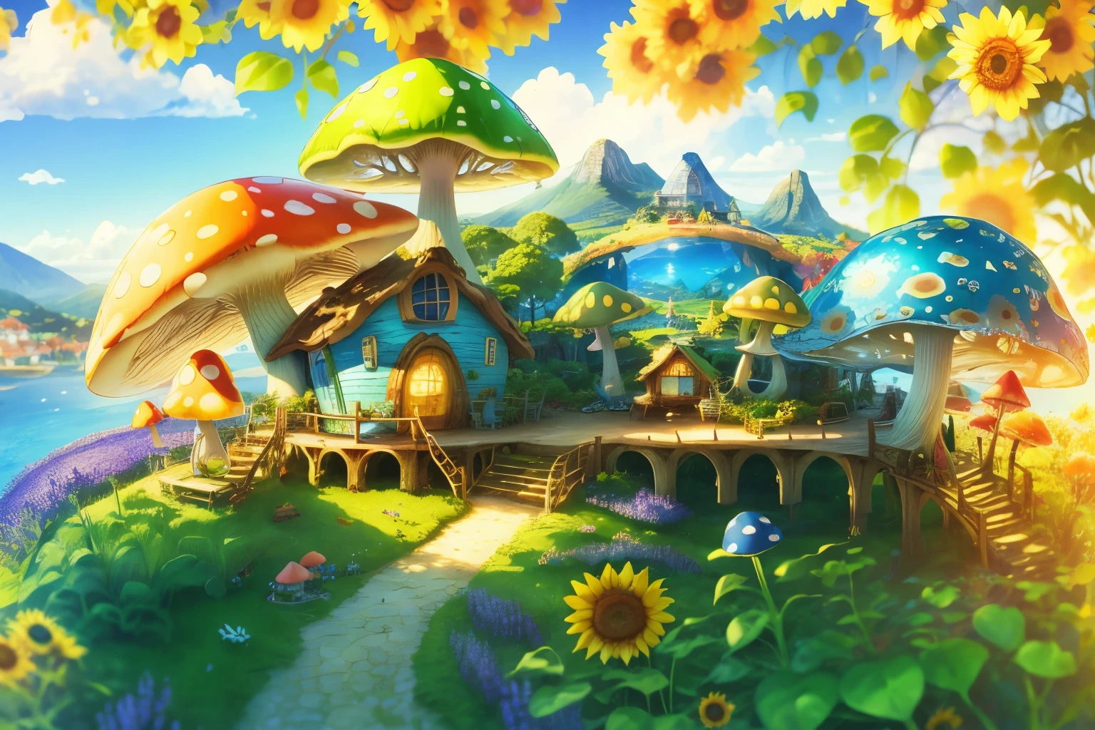 A world in a bottle，A hideaway like a fairyland，Colorful mushroom house，Fairy World，Summer day，Beachside，Rios，Treehouse，Sunflower field，lavender，mountains，Summit，Big tree，