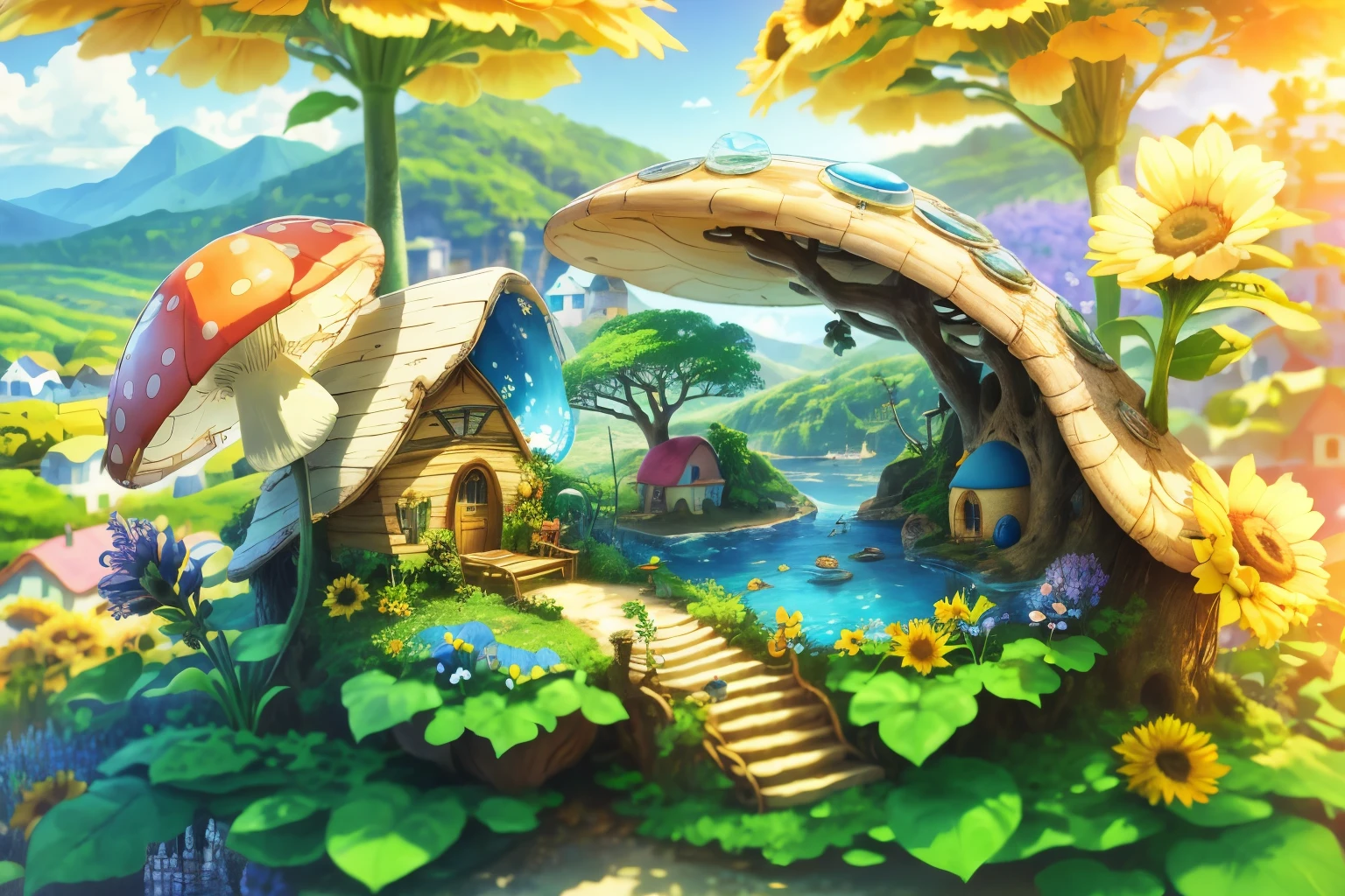 A world in a bottle，A hideaway like a fairyland，Colorful mushroom house，Fairy World，Summer day，Beachside，Rios，Treehouse，Sunflower field，lavender，mountains，Summit，Big tree，