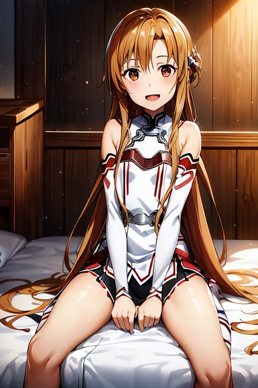 ((Highest quality)), ((masterpiece)), (be familiar with), Perfect Face, indoor, Bedroom, Watching the audience,
One woman, Yuuki Asuna,
Open Mouth, Ecstatic expression, blush, smile,
Small breasts, Flat Chest, , , child, Girl,
Long Hair, Long Hair,
Leg spread,