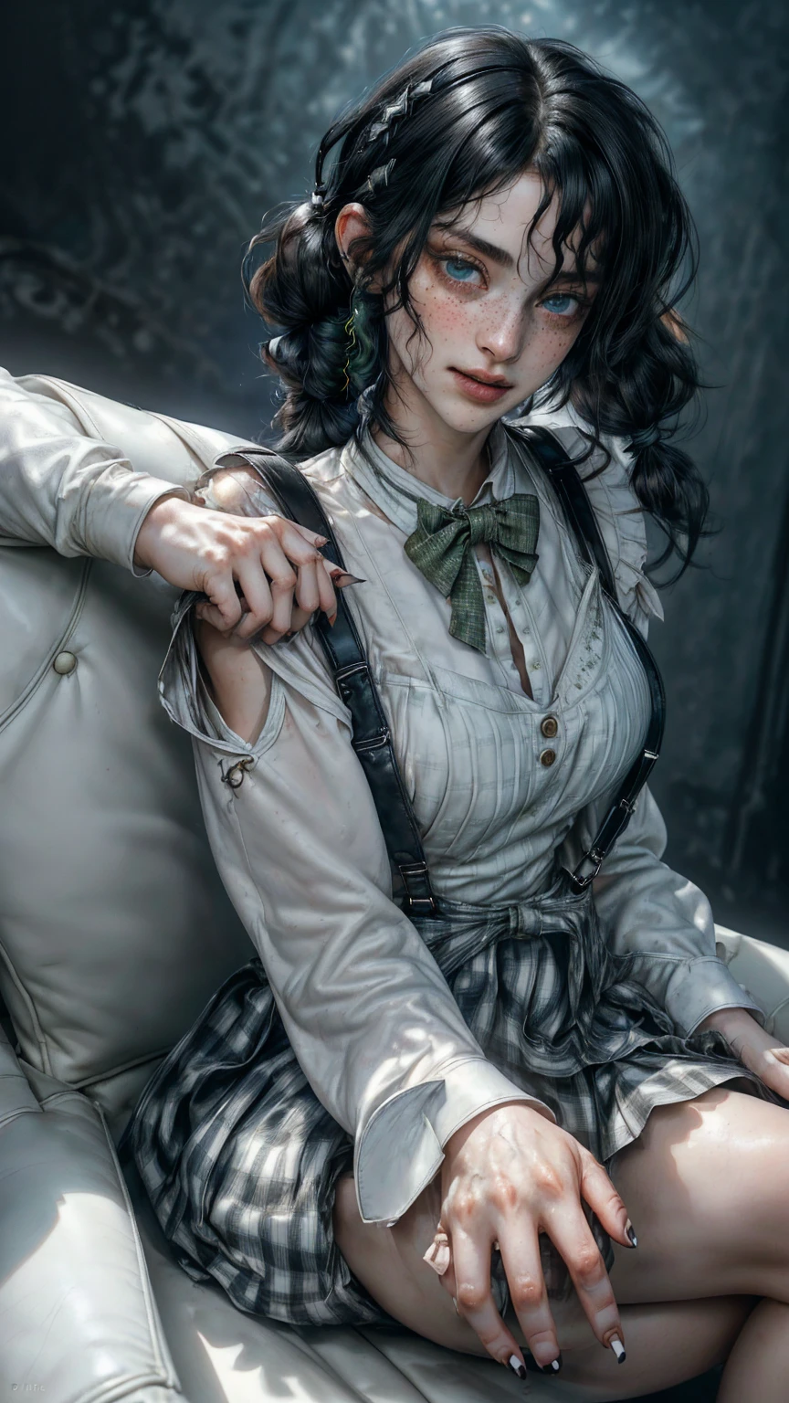 (((ultra realistic))) Photo, masterpiece, top quality, pale skin, (Ultra detailed face and eyes:1.2), , beautiful woman, gloomy atmosphere, Dark background, (Eye makeup, mascara) , ((Dark wavy hair)) , ((Stylish hairstyle)) , Natural breasts, [[Slim waist, slender body]] . ((Posing)) , (body curves), In Lifchik, photoshoot, studio (Contour lighting), (The play of light and shadows), depth of field, bokeh, (special attention to skin detail: 1.2), Detailed texture, skin pores, ((Dark and gloomy atmosphere frame. color scheme - Ashen, Tons)), (Film grain, VHS effect), (shine) , ((deep blue eyes)) , ((close-up portrait, close to the camera)) , ultra detialed woman ),thick thighs))(freckles 0.8, freckles on breasts, freckles on face)((long curly Black hair, ((deep detailed eyes, shiny skin, oily body)) smiling , curly hair, ((full body)) ((beautiful oily shoulder, neck))( ((extremely detailed 8k illustration)), highres, (extremely detailed and beautiful), ultra detailed painting, professional illustrasion, Ultra-precise depiction, Ultra-detailed depiction, (beautiful and aesthetic:1.2), HDR, (depth of field:1.4), professional illustrasion, 
A coffee shop in the cooler fall weather., 
Today, too, I enter the store in search of my morning cup of coffee., 
 in a uniform welcomes me again today., 
(, (highly detailed beautiful face and eyes,big breasts firm breasts), oily skin, ((black hair,black eyes,short bob with short pony tail hair)), thin pubic hair, cute, lovely, , (kobeya uniform:1.3), (gingham-check suspender-apron:1.3), (solid-green high-waist skirt:1.3), (apron over skirt:1.2), (white blouse:1.3), (double-breasted,underbust:1.2), short sleeves, button gap, (solid-green bow-tie:1.2), smile, looking at viewer, suspenders, ((sitting  spreading legs wide open, m shaped  legs, woman lying on white leather sofa，Raise your legs above your head，Hold your hips firmly with both hands，Nails pinching the buttocks，Spread your hips firmly，POV perspective，Tiny micro bikini