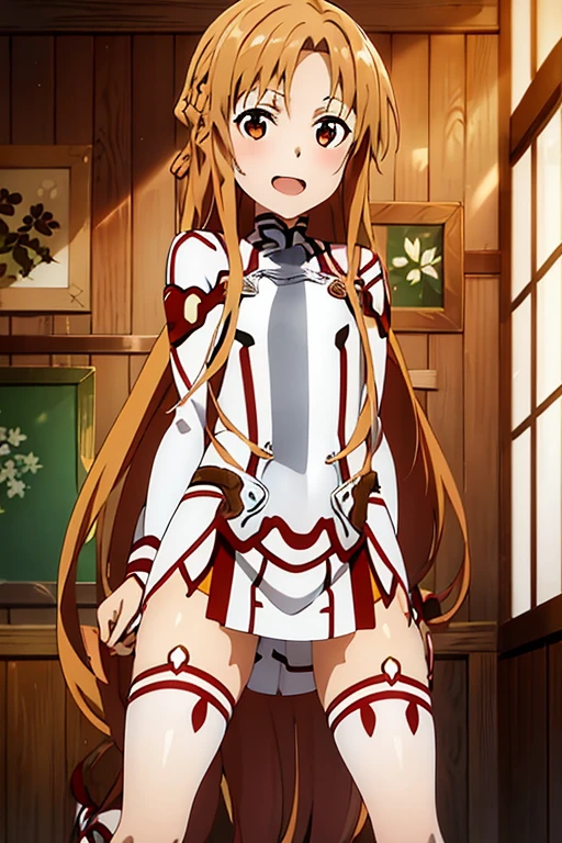 ((Highest quality)), ((masterpiece)), (be familiar with), Perfect Face, indoor, Bedroom, Watching the audience,
One woman, Yuuki Asuna,
Open Mouth, Ecstatic expression, blush, smile,
Small breasts, Flat Chest, , , child, Girl,
Long Hair, Long Hair,
Leg spread,