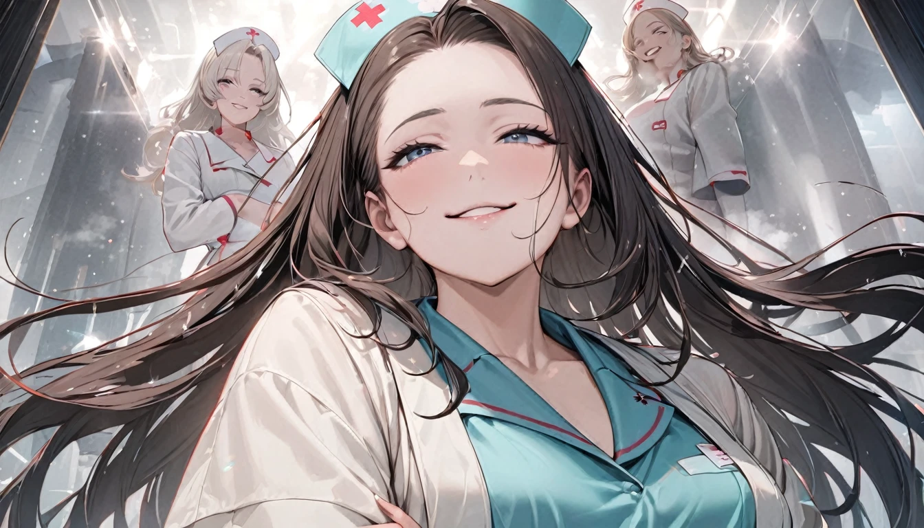 three sexy women in nurse outfits, flirtatious smiles, on bed, closed eyes, opened mouths yawning, close up faces portrait