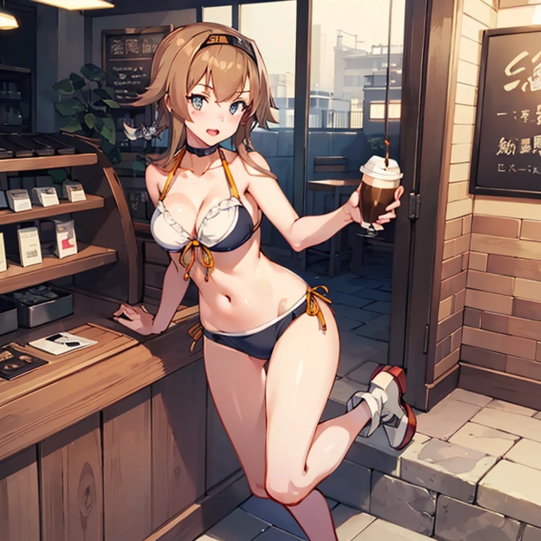 TeruzukiBikiniKC, (Teruzuki) bikini,
(masterpiece:1.4),(best quality:1.4), (premium:1.4), (great illustration:1.4), (ultra-detailed:1.4),(art CG, 8K),1girl,solo,KonishiCSA, full body, 
Coffee Shop,