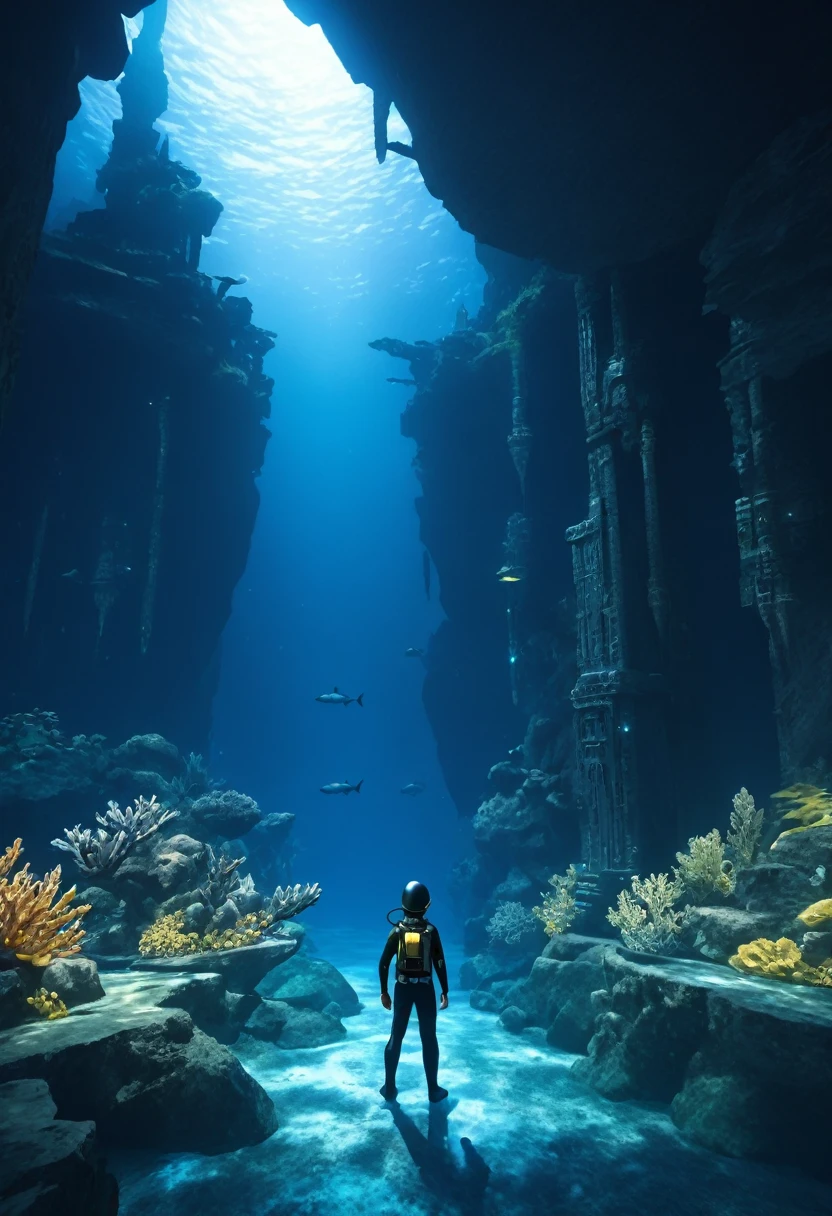 (best quality, masterpiece, absurdres, highres, ultra_detailed, dynamic angle:1.2), photography of (multiple kids:1.4), ((full body wetsuit)), weight belt, (diving watch), fins,, lama scuba helmet, 2 child boys and 1 child girl exploring ancient underwater ruins, swimming, ((underwater)), stalactites, stalagmites, in dynamic pose, children, walls covered with (alien inscriptions:1.3), futuristic, sci-fi, (ancient alien city:1.25), biomes, bioluminescence, (deep sea:1.4), (ocean abyss:1.4), (intricate details, hyperdetailed:1.15), (ultrahigh resolution textures), bokeh, dim blue lighting, volumetric lighting, cinematic lighting, caustics, futuristic lighting, depth of field, 