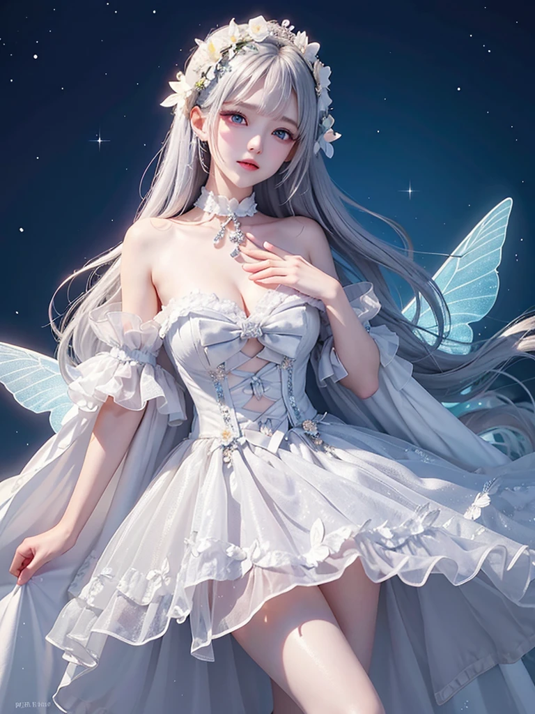 dress bow,layered dress,choker,butterfly wings,hair flower,long dress, Solitary、A woman、Elegant woman posing:1.4、Delicate face、Bright expression、Younger, more luminous, Whiter skin、best look、Ultimate beauty、Silver hair，Shine、Sparkling hair,、Hairstyles、Slightly exposed side breasts, night、wind、自然wind景、幻想的なwind景、Light Particles、White dust、Dust, One hand gently lifted the skirt，Exquisite makeup，Shy expression