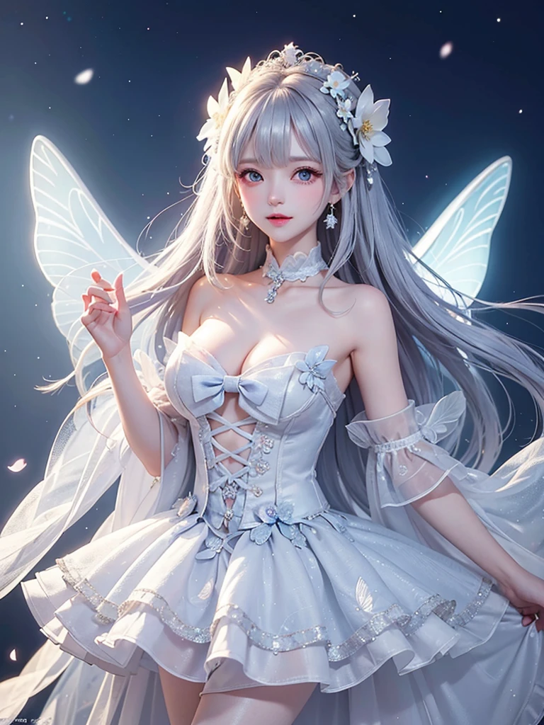 dress bow,layered dress,choker,butterfly wings,hair flower,long dress, Solitary、A woman、Elegant woman posing:1.4、Delicate face、Bright expression、Younger, more luminous, Whiter skin、best look、Ultimate beauty、Silver hair，Shine、Sparkling hair,、Hairstyles、Slightly exposed side breasts, night、wind、自然wind景、幻想的なwind景、Light Particles、White dust、Dust, One hand gently lifted the skirt，Exquisite makeup，Shy expression