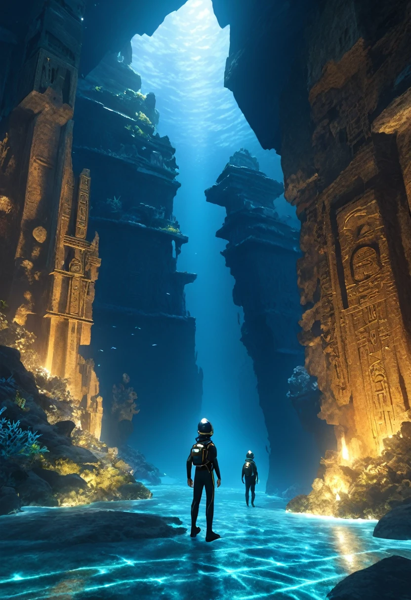 (best quality, masterpiece, absurdres, highres, ultra_detailed, dynamic angle:1.2), (multiple kids:1.4), ((full body wetsuit)), weight belt, (diving watch), fins, lama scuba helmet, 2 child boys and 1 child girl exploring ancient underwater ruins, swimming, ((underwater)), stalactites, stalagmites, front view, in dynamic pose, children, walls covered with (alien inscriptions:1.3), futuristic, sci-fi, (ancient alien city:1.25), biomes, bioluminescence, (deep sea:1.4), (ocean abyss:1.4), (intricate details, hyperdetailed:1.15), (ultrahigh resolution textures), bokeh, dim blue lighting, volumetric lighting, cinematic lighting, caustics, futuristic lighting, depth of field, 