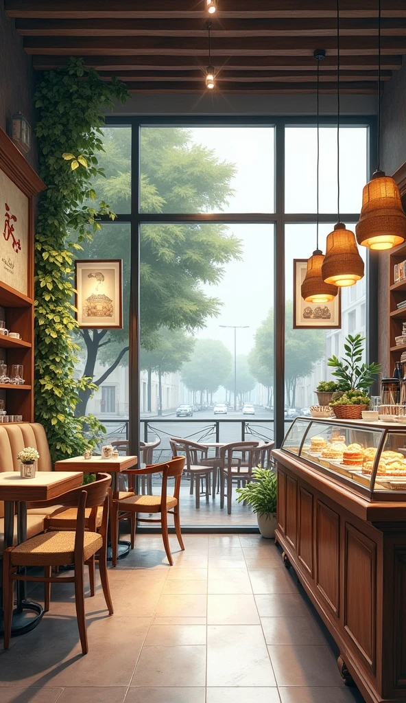 a luxurious and quiet white-toned coffee shop..watercolor painting+Alcohol rendering，Stroke，A comfortable scene,with a delicate interior design。with elegant wooden furniture、coffee bar and glass display cases for cakes 、Planting、Hanging pictures。large and transparent windows showcasing the rainy street scene under a cloudy sky,soft ambient light at night。( perfect anatomy )masterpiece, Beautifully, Beautifully, Fresh and elegant aesthetic style.