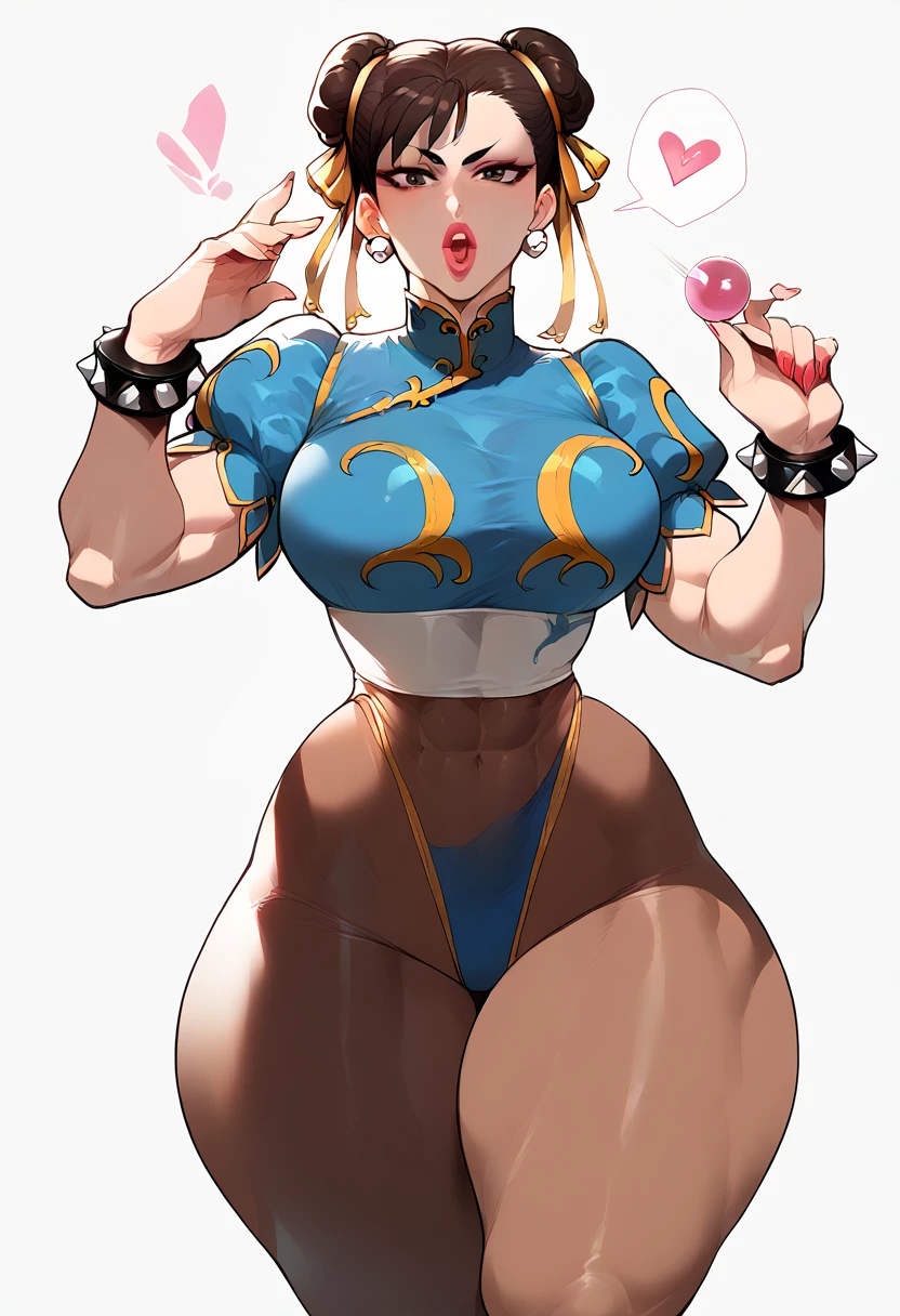 Chun-li desnuda, dynamic pose, blowing kiss, big hips, big ass, big thighs, toned thighs, big breasts 