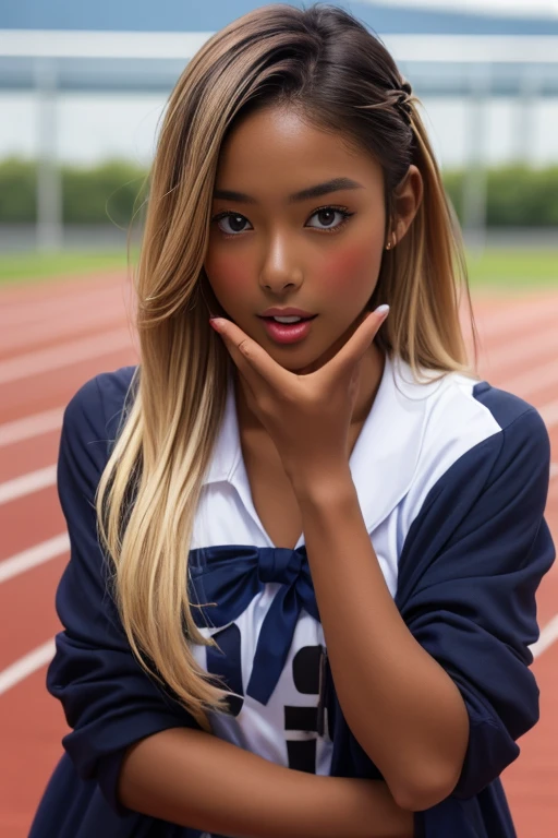 (((( one girl )))), Put your hand over your mouth、Beautiful breasts、 Brown eyes, ((Gal Hairstyles)) blonde, girl, (Eye and facial details:1.0), break, (masterpiece, Highest quality, Very detailed, Detailed face, 8k),( dark skin:1.8 ), (((( track and field uniform )))),( open mouth )