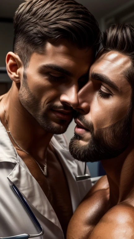 Gay couple mouth to mouth kissing, 30 years old doctor mouth to mouth kissing with 50 years old man in his clinic during check up, detailed style, functional and elegant look, in style of realistic, crisp details, hd, hdr, D750F nikon camera photography 