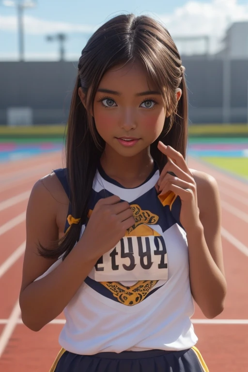 (((( one girl )))), Put your hand over your mouth、Beautiful breasts、 Brown eyes, ((Gal Hairstyles)) blonde, girl, (Eye and facial details:1.0), break, (masterpiece, Highest quality, Very detailed, Detailed face, 8k),( dark skin:1.8 ), (((( track and field uniform )))),( open mouth )