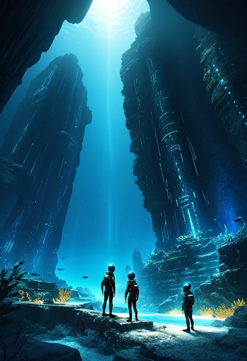 (best quality, masterpiece, absurdres, highres, ultra_detailed, dynamic angle:1.2), (multiple kids:1.4), ((full body wetsuit)), weight belt, (diving watch), fins, lama scuba helmet, 2 child boys and 1 child girl exploring ancient underwater ruins, swimming, ((underwater)), stalactites, stalagmites, front view, in dynamic pose, children, walls covered with (alien inscriptions:1.3), futuristic, sci-fi, (ancient alien city:1.25), biomes, bioluminescence, (deep sea:1.4), (ocean abyss:1.4), (intricate details, hyperdetailed:1.15), (ultrahigh resolution textures), bokeh, dim blue lighting, volumetric lighting, cinematic lighting, caustics, futuristic lighting, depth of field, 