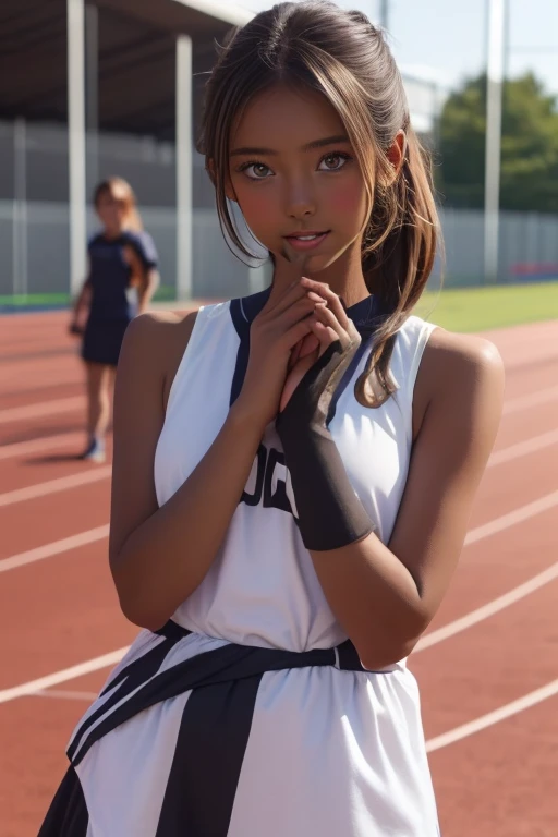 (((( one girl )))), Put your hand over your mouth、Beautiful breasts、 Brown eyes, ((Gal Hairstyles)) blonde, girl, (Eye and facial details:1.0), break, (masterpiece, Highest quality, Very detailed, Detailed face, 8k),( dark skin:1.9 ), (((( track and field uniform )))),( open mouth )