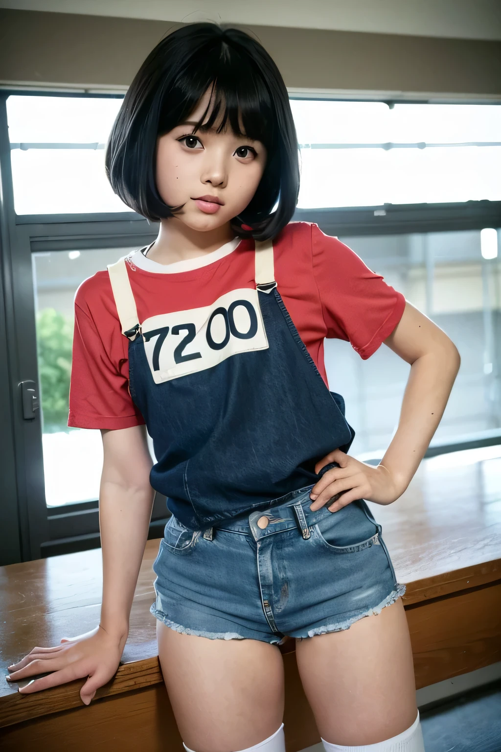 Elementary school in the 70s,Beautiful girl dressed as a 70s boy.,She is cute and pretty like an idol..,She is pure and innocent.,She is wearing a rugby shirt,Extremely short denim shorts,Neatly hemmed denim shorts,High socks and sneakers.Short Bob,Japanese,Black Hair