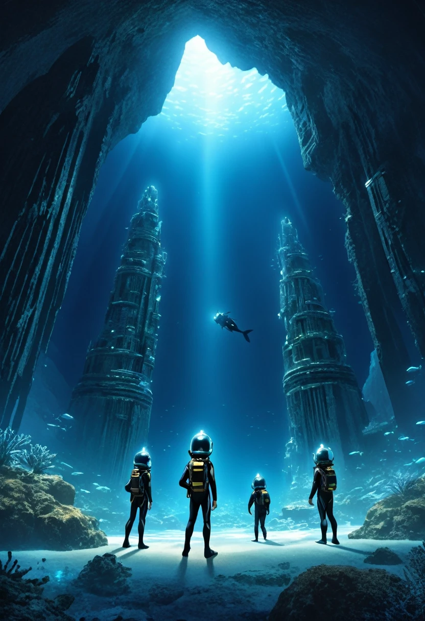 (best quality, masterpiece, absurdres, highres, ultra_detailed, dynamic angle:1.2), (multiple kids:1.4), ((full body wetsuit)), weight belt, (diving watch), fins, lama scuba helmet, full body image of 2  boys and 1 child exploring ancient underwater ruins, swimming, ((underwater)), stalactites, stalagmites, front view, in dynamic pose, children, walls covered with (alien inscriptions:1.3), futuristic, sci-fi, (ancient alien city:1.25), biomes, bioluminescence, (deep sea:1.4), (ocean abyss:1.4), (intricate details, hyperdetailed:1.15), (ultrahigh resolution textures), bokeh, dim blue lighting, volumetric lighting, cinematic lighting, caustics, futuristic lighting, depth of field, 