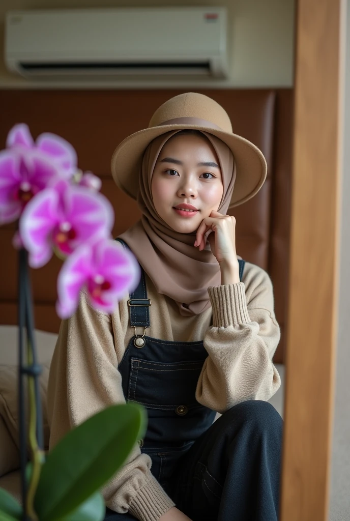 a beautiful Korean woman, smile, wear the hijab, wearing a shirt and jeans skirt, wearing sneakers, sitting on a chair in a minimarket mall