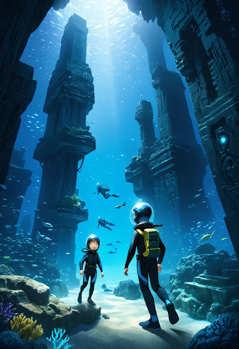 (best quality, masterpiece, absurdres, highres, ultra_detailed, dynamic angle:1.2), (multiple kids:1.4), ((full body wetsuit)), weight belt, (diving watch), fins, lama scuba helmet, close up full body image of 1 child boy and 1 child girl exploring ancient underwater ruins, swimming, ((underwater)), stalactites, stalagmites, front view, in dynamic pose, children, walls covered with (alien inscriptions:1.3), futuristic, sci-fi, (ancient alien city:1.25), biomes, bioluminescence, (deep sea:1.4), (ocean abyss:1.4), (intricate details, hyperdetailed:1.15), (ultrahigh resolution textures), bokeh, dim blue lighting, volumetric lighting, cinematic lighting, caustics, futuristic lighting, depth of field, 