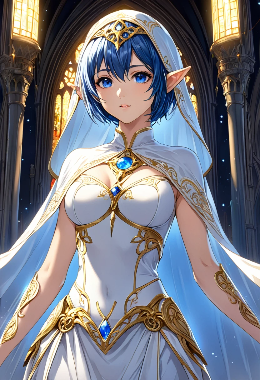 (Highest quality)、(Surreal)、(Blue Hair)、(((short hair)))、(blue eyes）、Highly detailed face、（Perfect Eyes）、Perfect hands、Perfect Proportions、1 Elven priestess, Wearing a white veil, Wearing a milky white robe, He wears thin, light armor、He has a long sacred staff、Old Cathedral 、Church in the background、Healthy Skin、Highly detailed lighting、