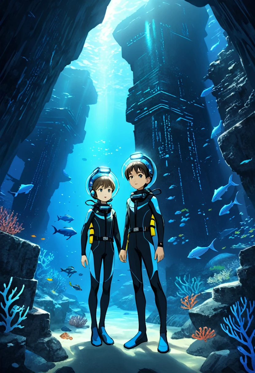 (best quality, masterpiece, absurdres, highres, ultra_detailed, dynamic angle:1.2), (multiple kids:1.4), ((full body wetsuit)), weight belt, (diving watch), fins, lama scuba helmet, close up full body image of 1 child boy and 1 child girl exploring ancient underwater ruins, swimming, ((underwater)), stalactites, stalagmites, front view, in dynamic pose, children, walls covered with (alien inscriptions:1.3), futuristic, headset with mic, sci-fi, (ancient alien city:1.25), biomes, bioluminescence, (deep sea:1.4), (ocean abyss:1.4), (intricate details, hyperdetailed:1.15), (ultrahigh resolution textures), bokeh, dim blue lighting, volumetric lighting, cinematic lighting, caustics, futuristic lighting, depth of field, 