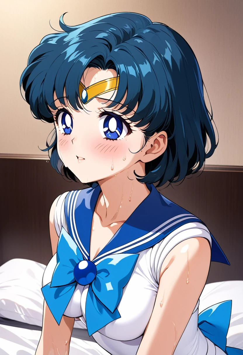 masterpiece, Highest quality, High resolution,(Sailor Mercury Costume), (Mizuno Ami),1990s \(style\),(C cup beautiful breasts),Sweating all over the body、Hosomi、(sexy)、Face writhing in pleasure、The whole body is covered in sex fluids、Sweaty、Front configuration、shyness、blush、shy、look up、Anime-style painting style,Blue Hair、short hair、Composition focused on the upper body,(solo),The background is a love hotel room..