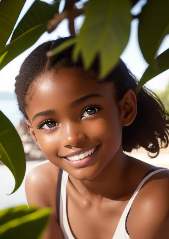 (portrait, editorial photograph) (beautiful black girl), adorable face, long brown curly hair, hazel eyes, by lee jeffries, nikon d850, film stock photograph ,4 kodak portra 400 ,camera f1.6 lens ,rich colors ,hyper realistic ,lifelike texture, dramatic lighting, (highly detailed face:1.4), perfect eyes, realistic iris, perfect teeth, (smile:0.7), (background dark, shadow of the leaves, moody, cleavage), sun rising, early morning light, Wishing for something, masterpiece, best quality, photorealistic, Citizen of Guinea-Bissau, very cute super model, perfect anatomy, skinny, ((1 girl)), (colorful reflections in the eye), (nudist), (smiling, white teeth), small nipples
