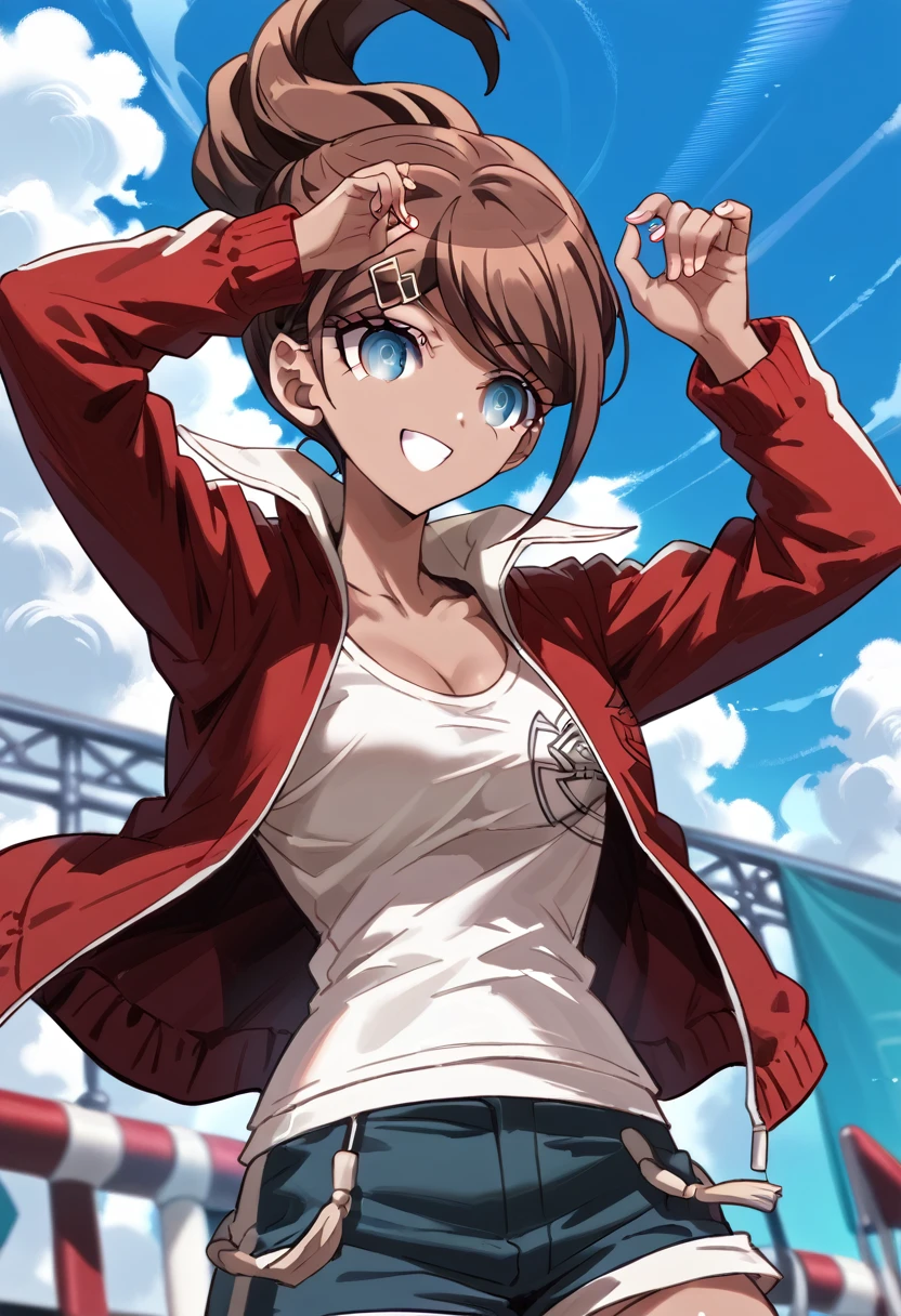 masterpiece,High resolution,Highest quality,8k
(Danganronpa,Aoi Asahina,Brown skin,Brown Hair,ponytail,Barrette,Big blue eyes)(Blue shorts,White tank top,Red open jacket,Long sleeve)smile,Standing posture