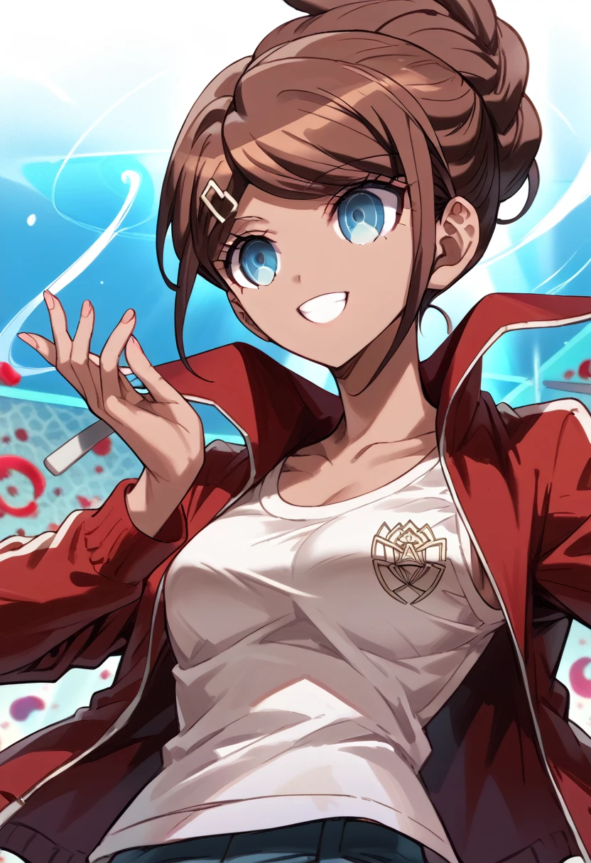 masterpiece,High resolution,Highest quality,8k
(Danganronpa,Aoi Asahina,Brown skin,Brown Hair,ponytail,Barrette,Big blue eyes)(Blue shorts,White tank top,Red open jacket,Long sleeve)smile,Standing posture