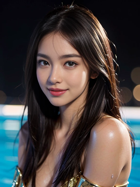 Latex bodysuit、Knee-high boots、Huge 、Long brown hair、Shiny, Oily skin、Glowing Skin、Indoor competition pool、White skin、 Body Portrait, 8k, Narrow and beautiful eyes, Dindal effect, masterpiece, 最high quality, high quality, High resolution, Very detailed photos, (Natural skin texture, Fine skin, Hyperrealism, Ultra Sharpness) , Skin with attention to detail, (Very fine, Fine skin texture, Intricate details, Beautiful Face, (A vivid face), Realistic eyes, Beautiful and detailed, Realistic Skin, Beautiful Skin, surreal, Very detailed, Golden Ratio, Smiling Eyes, ((Night moonlight background)), Body Portrait,  glamorous, Shiny Bodysuit