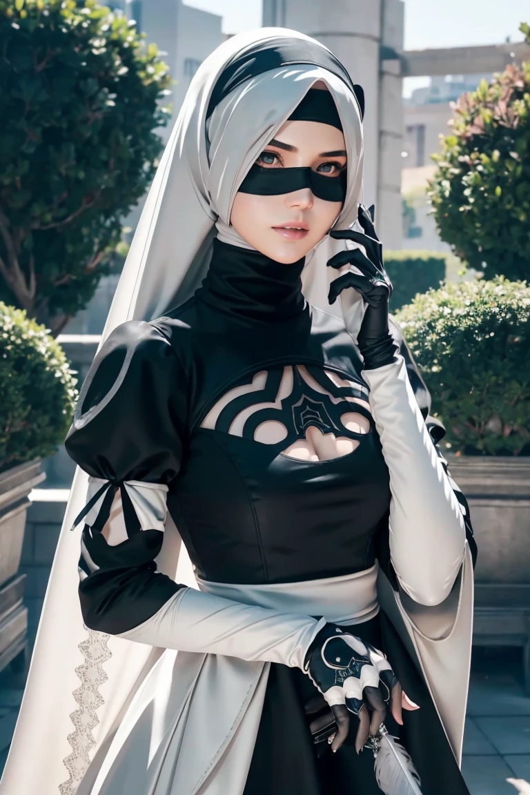 2B Nier Automata, silver hijab, Long sleeve, Juliet Sleeve, White gloves, turtleneck, Feather ornament, Feather ornament sleeves, Blindfold, Black long dress, Japanese Ultra HD,super high quality,masterpiece,Digital SLR,Photorealistic,Detailed details,Vivid details,Depicted in detail,A detailed face,Detailed details,Super Detail,Realistic skin texture,Anatomical basis,Perfect Anatomy,Anatomically correct hand,Anatomically correct fingers,Complex 3D rendering,clear Sky,Beautiful scenery,Picturesque,Pink Lips,