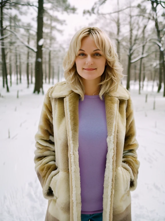 very nice woman, gorgeous, mature, dominessa, blonde, winter, furcoat, snow, snowfall, (Lens flare:0.7), (Cross-processing), (cinematic lighting:1.1), filmed on a Hasselblad medium format camera , with Cinestill 800T film, Filmcorn, grainy, muted colors