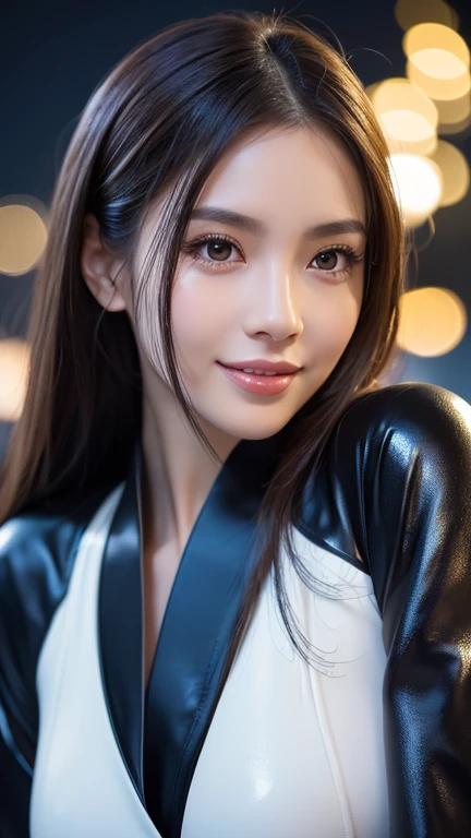 Realistic, masterpiece, Highest quality, Highest Resolution, Anatomically correct, Accurate Anatomy, 7 heads, Height: 165cm, One Japanese woman, A smiling face with some teeth showing, Staring at the audience, Fine and beautiful eyes, Sparkling eyes, Thin eyebrows, Gives lashes a delicate finish, False eyelashes, (Chinese traditional makeup:1.2), (Braided hair, Blunt bangs, Brown Hair:1.2), Detailed face, Sharp Eyes, (Classic black and white latex cheongsam, Tight-fitting clothing:1.3), Bust up photo, Blank background in warm colors