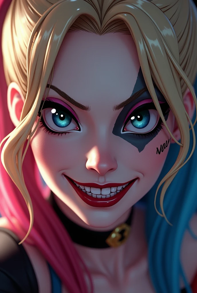 Harley Quinn, 1 girl, very aesthetic, detailed portrait, beautiful detailed eyes, beautiful detailed lips, extremely detailed face, long eyelashes, colorful outfit, red and blue pigtails, clown makeup, mischievous expression, dynamic pose, cinematic lighting, vivid colors, photorealistic, 8k, best quality, highly detailed, intricate details, concept art