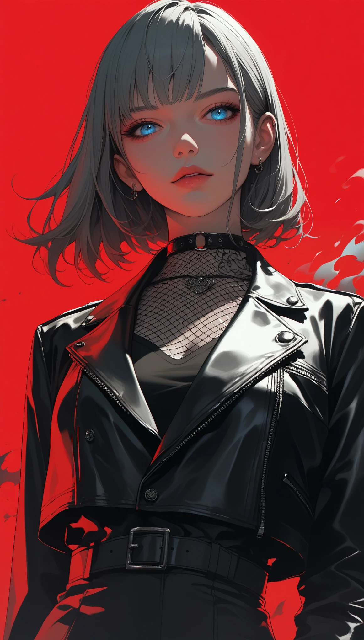 score_9, score_8_up, score_7_up, score_6_up, dark theme，sinozick style，
(high contrast，anime coloring，greyscale with red colored background:1.5),leather jacket,leather choker,(1 elegantly dressed aristocratic girl),dark theme,1girl,leanning forward,(Depth perspective:1.4),(cowboy shot,front view:1.2),(blue fire eyes(/organ/):1.2)
