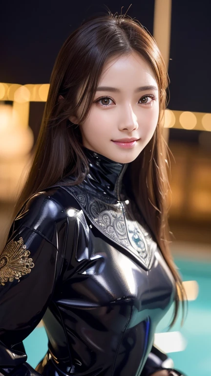 Latex bodysuit、Knee-high boots、Huge 、Long brown hair、Shiny, Oily skin、Glowing Skin、Indoor competition pool、White skin、 Beautiful woman in kimono,Body Portrait、8k,Beautiful and beautiful eyes,Dindal effect、masterpiece, 最high quality, high quality, High resolution、Very detailed photos、(Natural skin texture、Fine skin、Hyperrealism、Ultra Sharpness)、Skin with attention to detail、(Very detailed、Fine skin texture、Intricate details、Beautiful Face、(A vivid face)、Realistic eyes、Beautiful and detailed、Realistic Skin、Beautiful Skin、Surreal、Very detailed、Golden Ratio、With a smile、((Night moonlight background))、Body Portrait、glamorous,Shinyボディスーツ