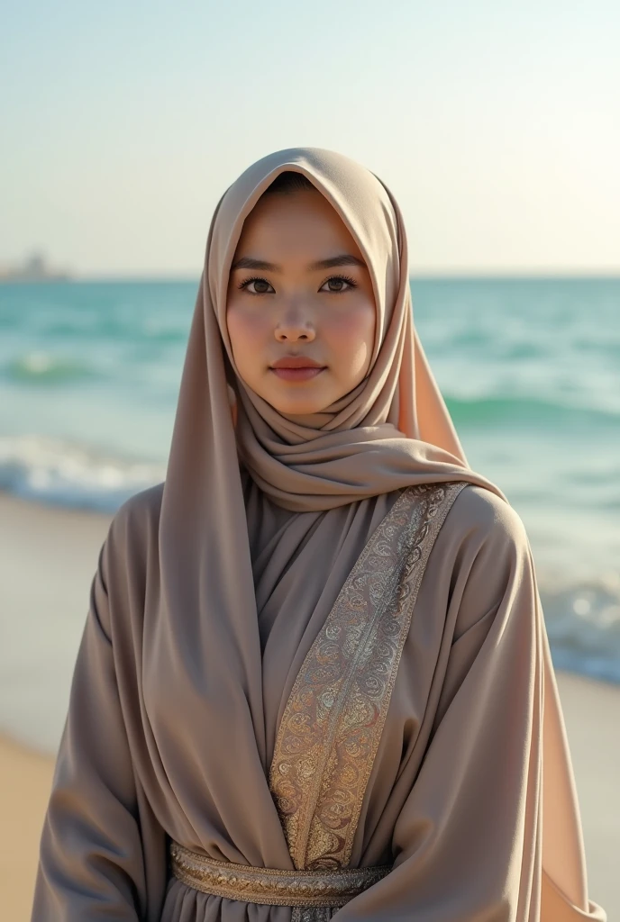 1girl, gorgeous Indonesian woman, silk abaya, hijab, smiling, shy, opened mouth, visible teeth, hot mom, full body portrait, (best quality,4k,8k,highres,masterpiece:1.2),ultra-detailed,(realistic,photorealistic,photo-realistic:1.37),HDR,UHD,studio lighting,ultra-fine painting,sharp focus,physically-based rendering,extreme detail description,professional,vivid colors,bokeh,portraits,warm color tones,dramatic lighting