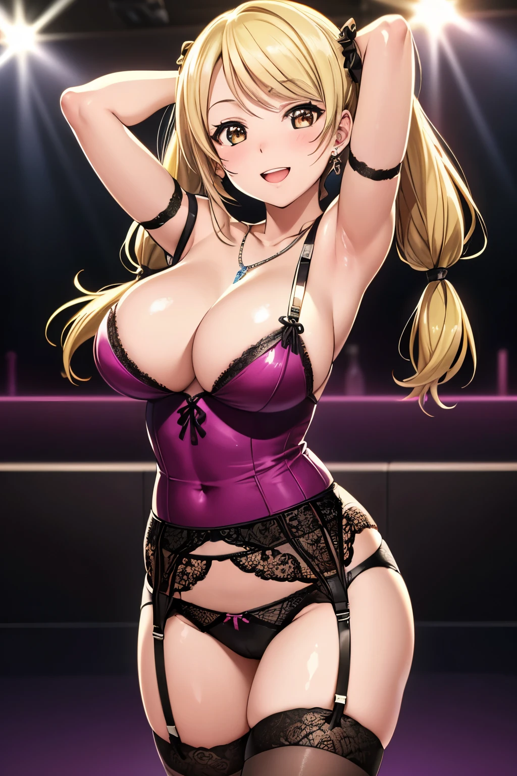  (Maximum resolution:1.2)、(Ultra HD: 1.2), 8k resolution、Highly detailed face and skin texture, Cinematic Light、Perfect figure、Brown eyes、Blushing smile、Open your mouth、((Blonde twin tails:1.2))、((Realistic texture:1.1))、((Very large breasts))、((Shiny checked garter belt:1.3))、Big earrings、necklace、Bracelet、(Upper body close-up)、event venue、Spotlight、live、slouch、Shiny、Place your hands behind your head.