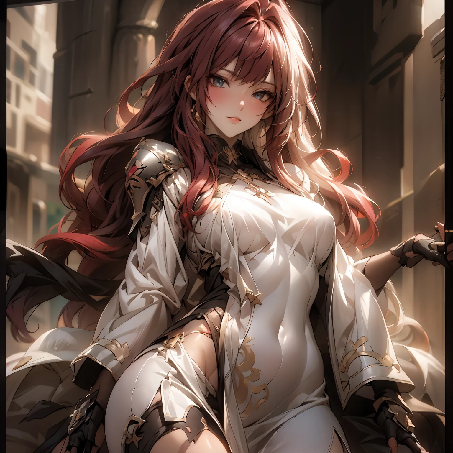 (best quality)), ((Masterpiece)), (details:1.4), 3d, HDR (high dynamic range), an image of a beautiful cyberpunk female, Fantasy, medieval, Red hair, Curtain Bangs, Sleek style, Hips up, Beautiful Red eyes, จมูกโด่ง, ปากแดง, หน้าอกใหญ่, nvidia RTX, PBR surface, After processing, Anisotropic filtration,depth of field, Maximum clarity and clarity, multi-layered surface, Subsurface scattering, perfect proportions, 8K raw files, ultra detailed, Perfect proportions, volumetric lighting, soft lighting, Holy Paldin, Heavy Golden Armor, Golden dress, intricate Golden embroidery, glossy skin, Bed room Background, jewely, ต่างหู, นิ้วมือสมบูรณ์, mini red skirt,