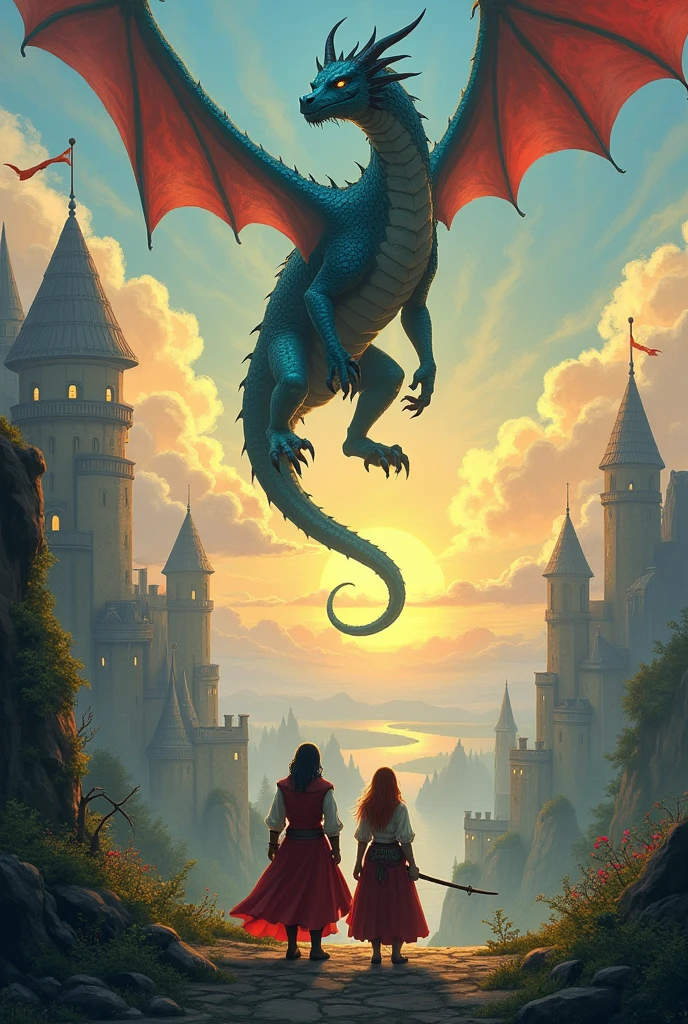 Create the image of a castle, a girl and a dragon