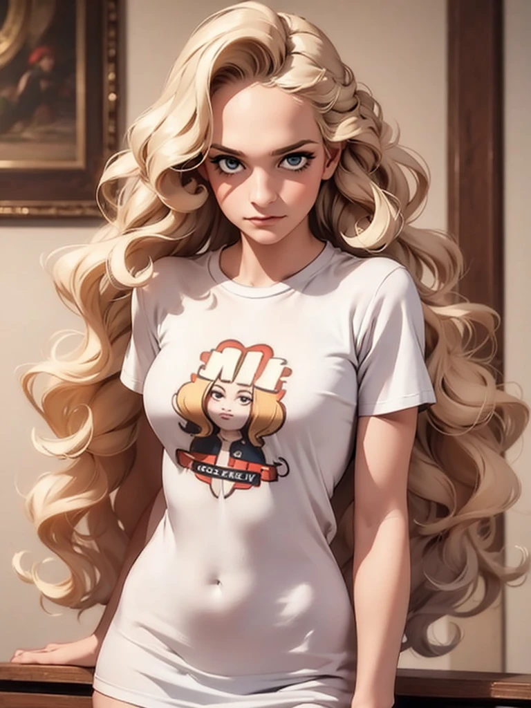 ((masterpiece, best quality)), a woman in a t shirt , front，Long blond hair，curls，aldult