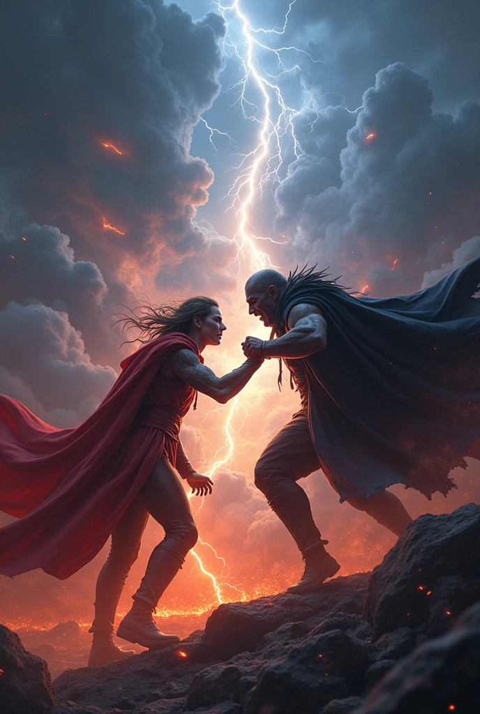 Far Long shot: Ultra Detailed Omni-Man Fiercely Fighting soliders in Beautiful open field on fire, Lightning storm in the sky, Detailed Eyes, Detailed Hair, Fantasy Bio luminescent Lighting, Ultra Sharp Res, midjourney, Realistic Anime, extreme detail,  digital anime art, 42K, ultra High resolution, hyper detailed, cinematic lighting, evenly detailed eyes, detailed faces, toned muscles, full body --auto