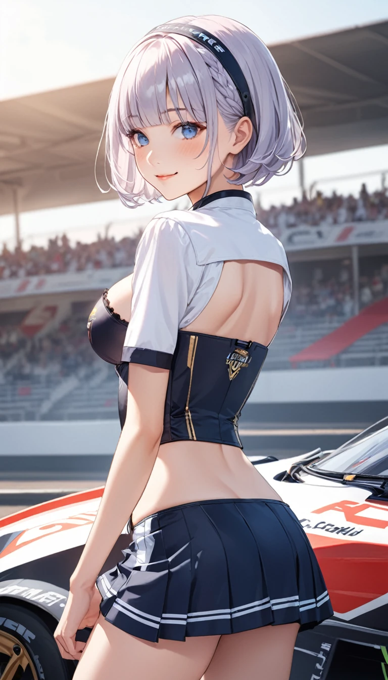 beautiful, masterpiece, Highest quality, anime, One girl, C Cup,Portrait Shot, View your viewers, Covered、Short Hair、nearby、Blue Eyes、art、、White hair,black streaked hair、wallpaper、hairpin、Cute smile、Thighs、navel、Black and White_Open race queen、Black and White_Gloves、Black and White_Knee-high boots、Shooting from an angle、Wave one hand、Cute、Shorts、Racetrack、Supercar、blue sky、