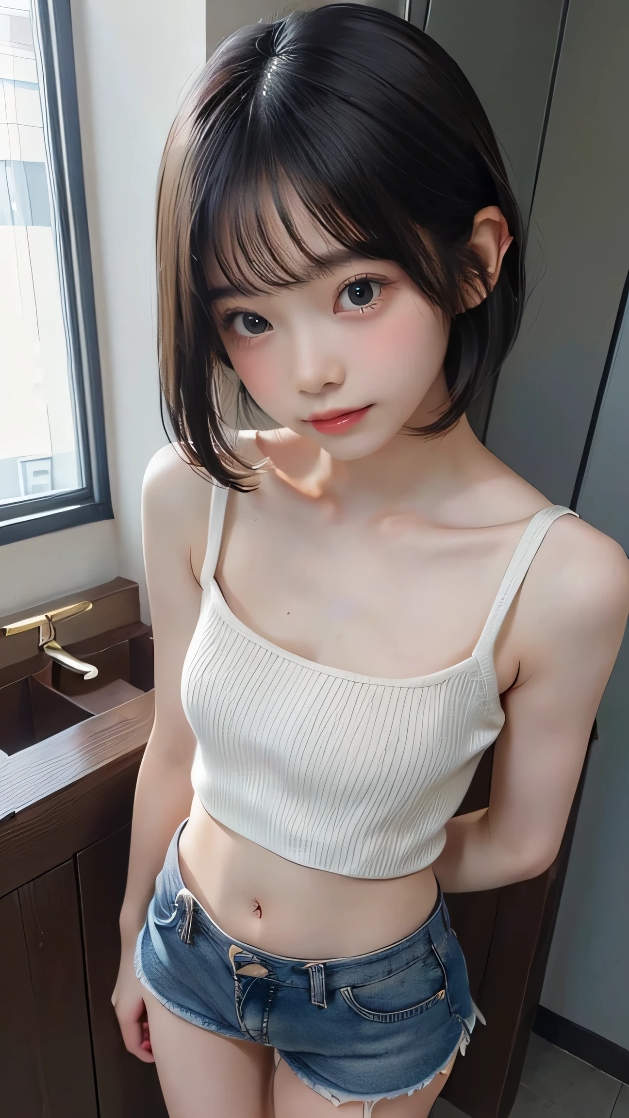 1 menina com cabelo castanho escuro longo, parecida com a ningning do aespa, tirando uma selfie