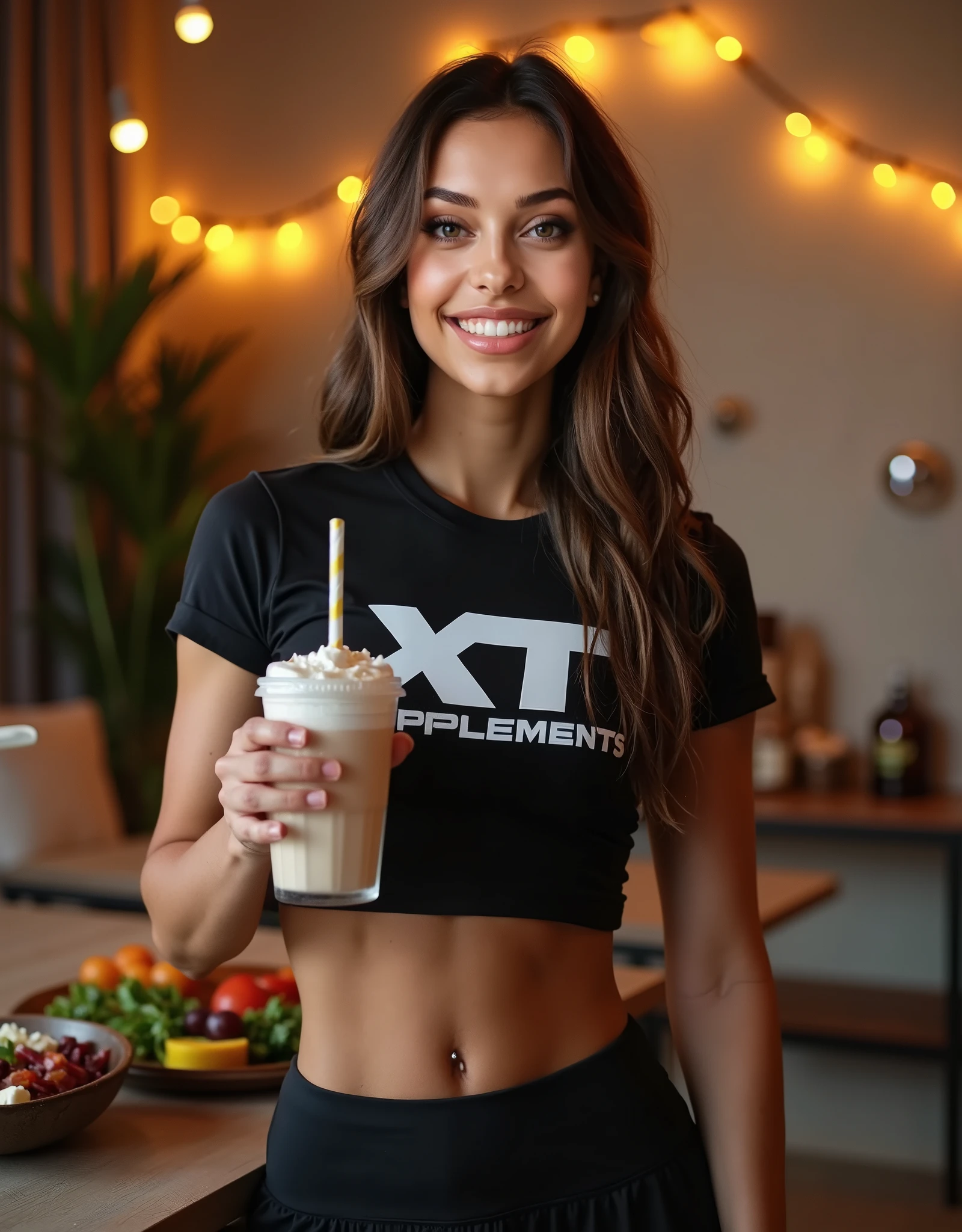 Girl drinking the contents of an energy drink with the name “immortal”