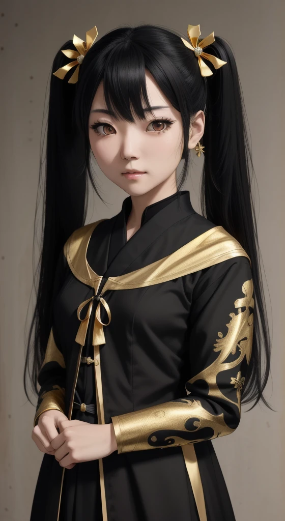 a japanese woman, (college age), long straight twin tail, black hair, (gold color eyes), black gothic dress, serene, Realism, UHD, masterpiece, accurate, textured skin, anatomically correct, super detail, high quality, highres, best quality, 16k,