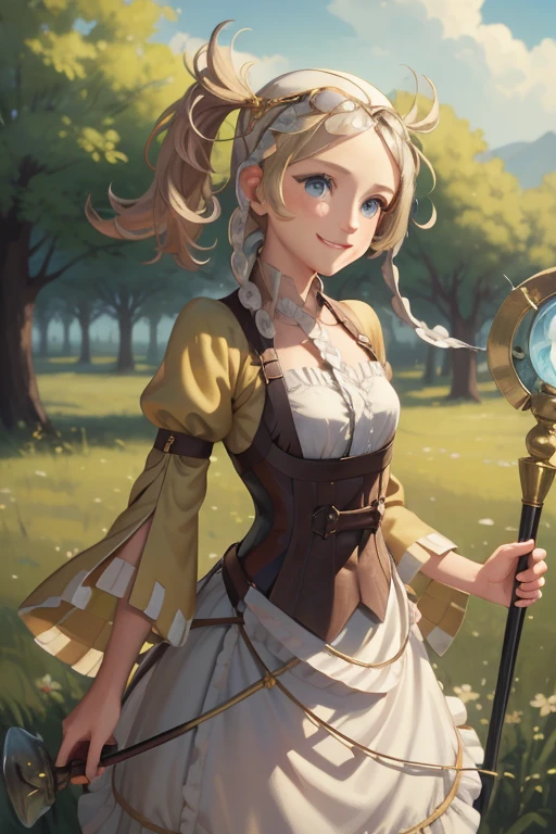 masterpiece, best quality, lissa, hair ornament, bonnet, cowboy shot, upper body, smile, looking at viewer, field, trees, holding a staff, magic healing staff