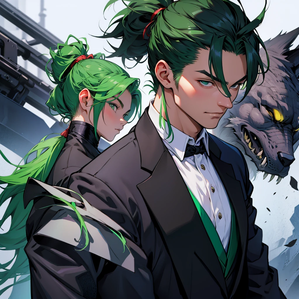 A boy with green ponytail hair、Oriental、Black Suit