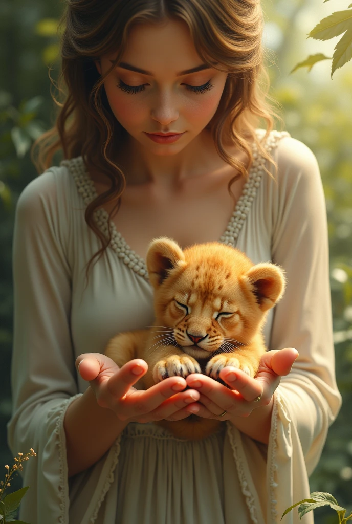 Cute Little lion in human hand lady