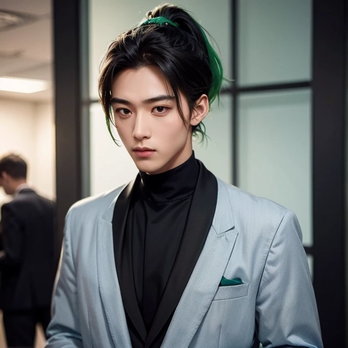 A boy with green ponytail hair、Oriental、Black Suit