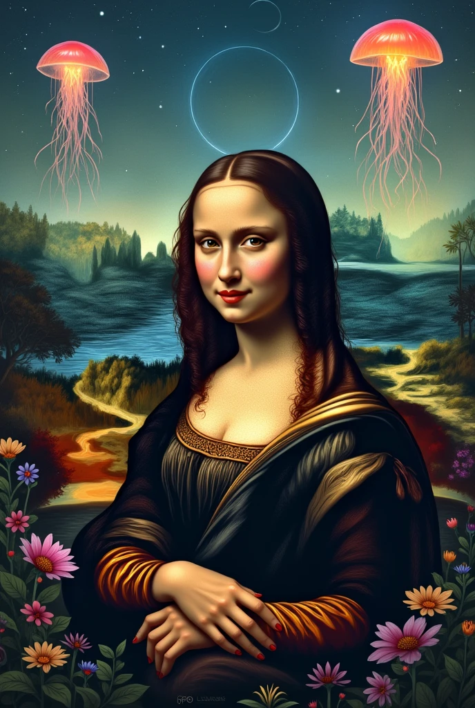 A fascinating contemporary interpretation of Leonardo da Vinci's Mona Lisa, presenting a Mona Lisa that combines classical and modern heritage. The Mona Lisa has dark hair, pale skin, seated in the style of the Mona Lisa (Leonardo da Vinci's interpretation of the Mona Lisa), topless, visible nipples, belly, navel, hips, vagina, frontal view, balance, symmetry, background: colorful, Starry Night by Vincent van Gogh, full frame, no frame,